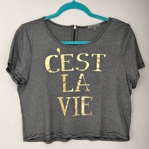 Charlotte Russe Striped Black and White Crop Top with Golden C’EST LA VIE